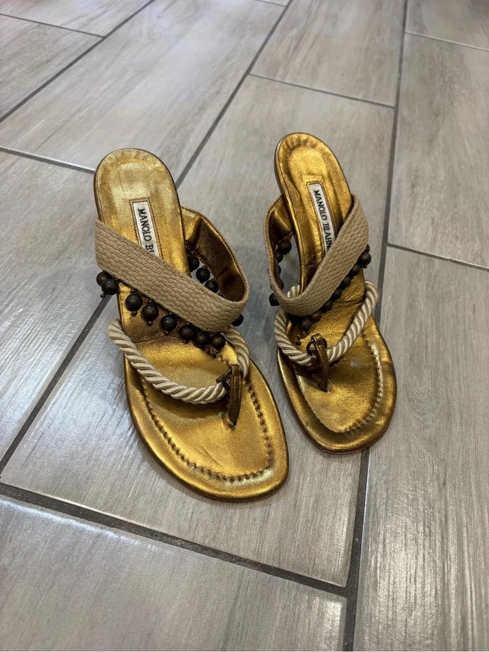 Manolo Blahnik Gold Rope-Trim Slide Sandals